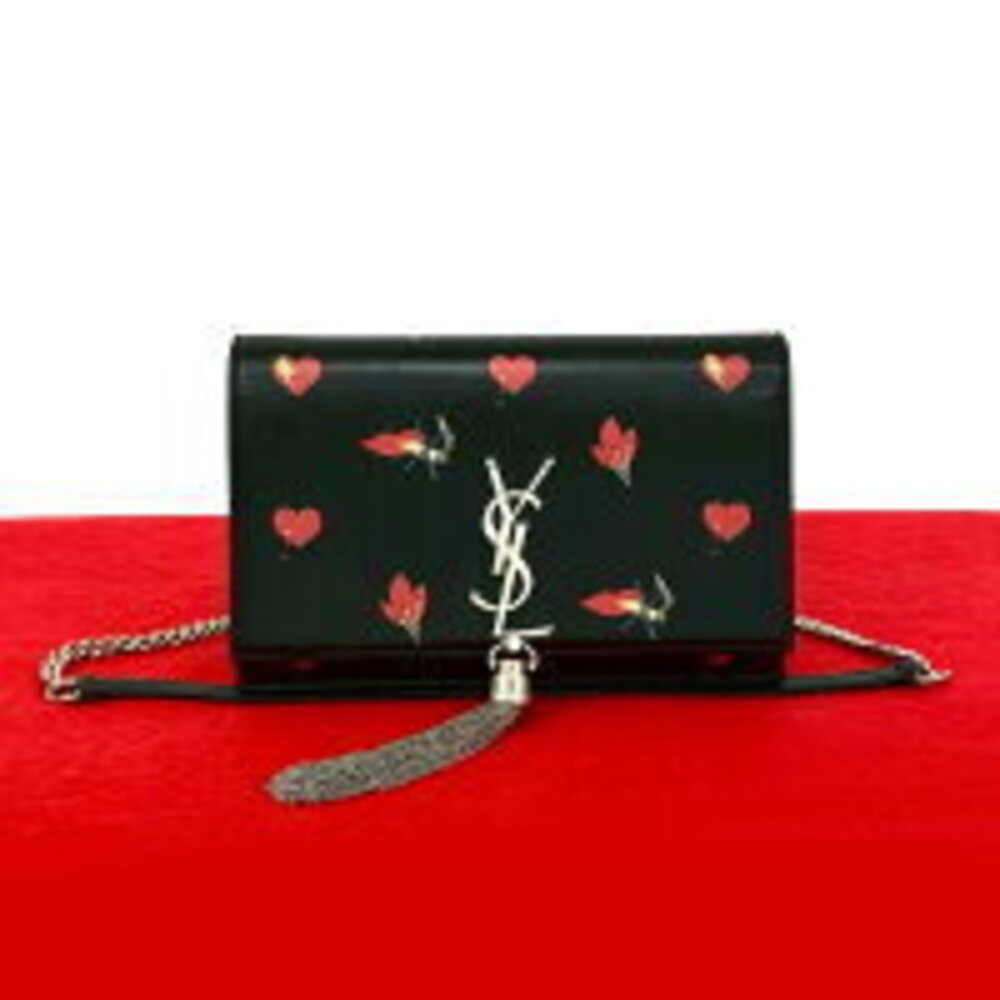 SAINT LAURENT PARIS Kate YSL Logo Tassel Leather Chain Shoulder Bag Black